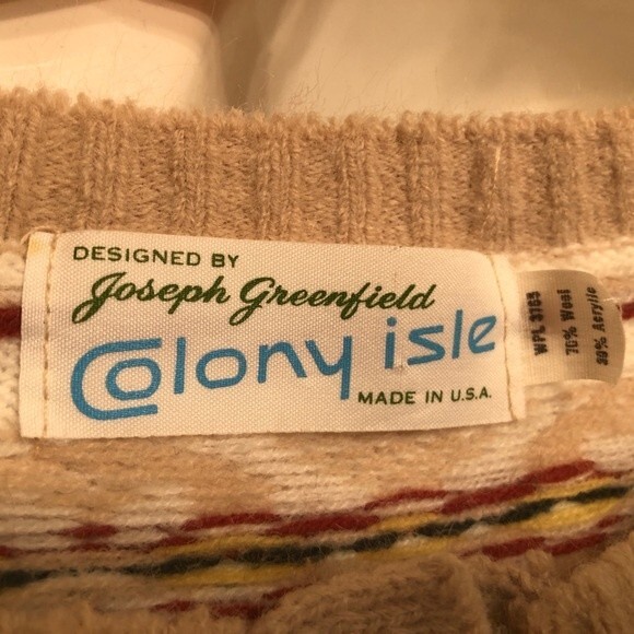 Vintage Sz M Fair Isle Tan Crew Neck Wool Blend Sweater Colony Isle Nordic - Picture 2 of 8
